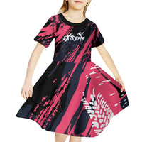 Custom Extreme Motocross Pink Kid Short Sleeve Dress with Bold Tire Track Graphics - Wonder Print Shop