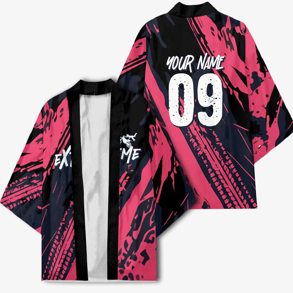 Custom Extreme Motocross Pink Kimono with Bold Tire Track Graphics - Wonder Print Shop