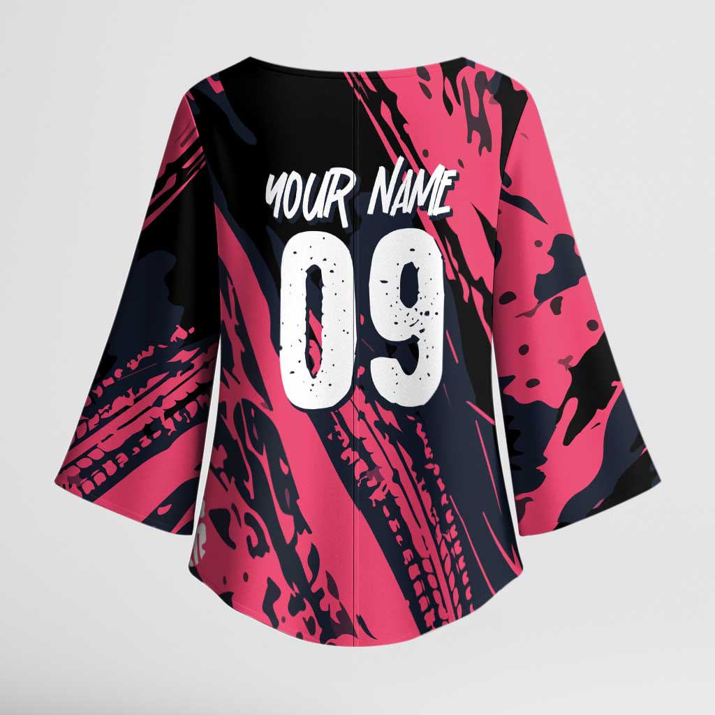 Custom Extreme Motocross Pink Kimono Sleeve Blouse with Bold Tire Track Graphics - Wonder Print Shop