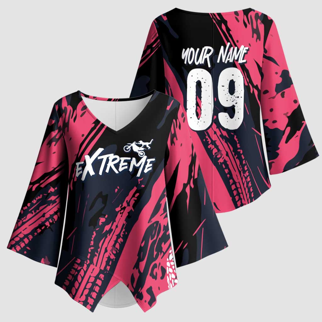 Custom Extreme Motocross Pink Kimono Sleeve Blouse with Bold Tire Track Graphics - Wonder Print Shop