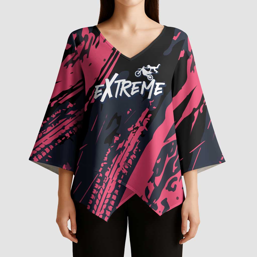 Custom Extreme Motocross Pink Kimono Sleeve Blouse with Bold Tire Track Graphics - Wonder Print Shop
