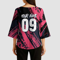 Custom Extreme Motocross Pink Kimono Sleeve Blouse with Bold Tire Track Graphics - Wonder Print Shop