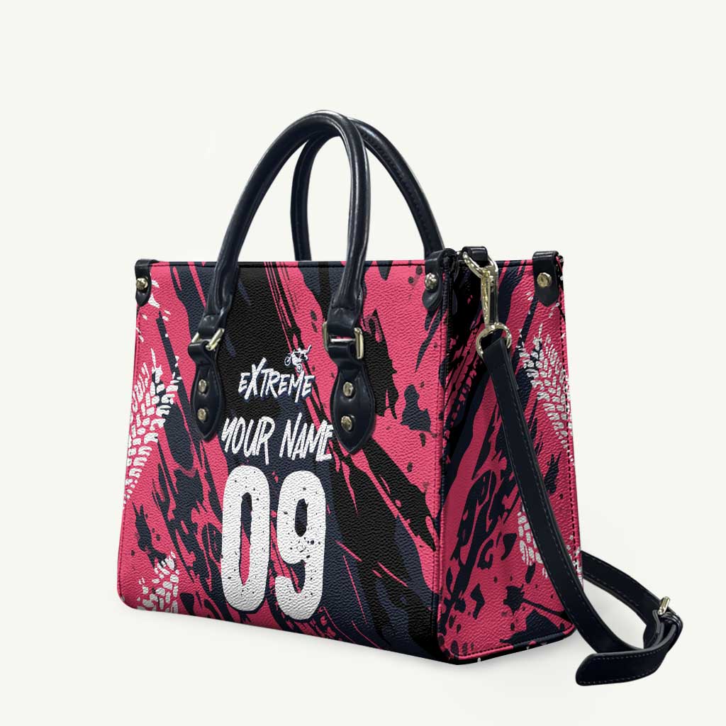 Custom Extreme Motocross Pink Leather Bag with Bold Tire Track Graphics - Wonder Print Shop