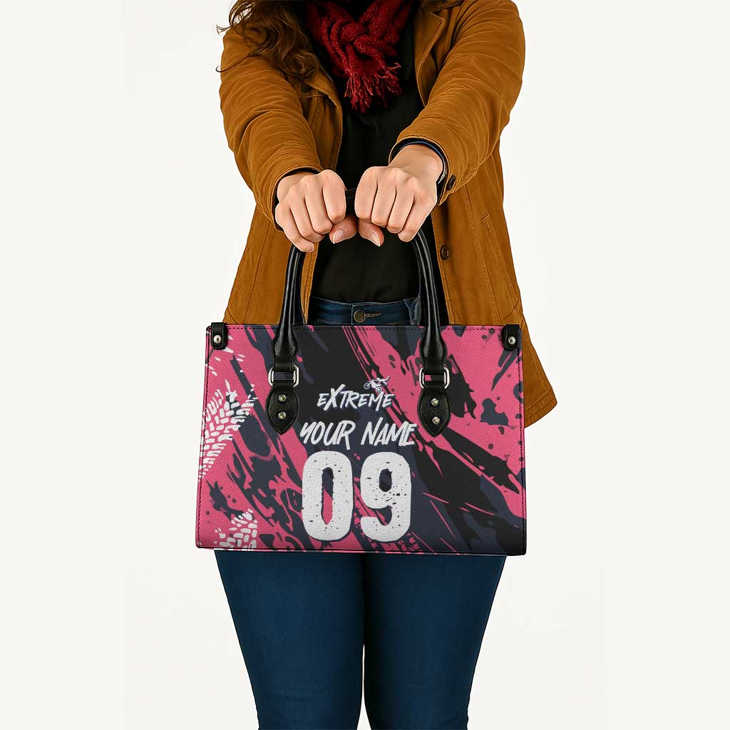 Custom Extreme Motocross Pink Leather Bag with Bold Tire Track Graphics - Wonder Print Shop