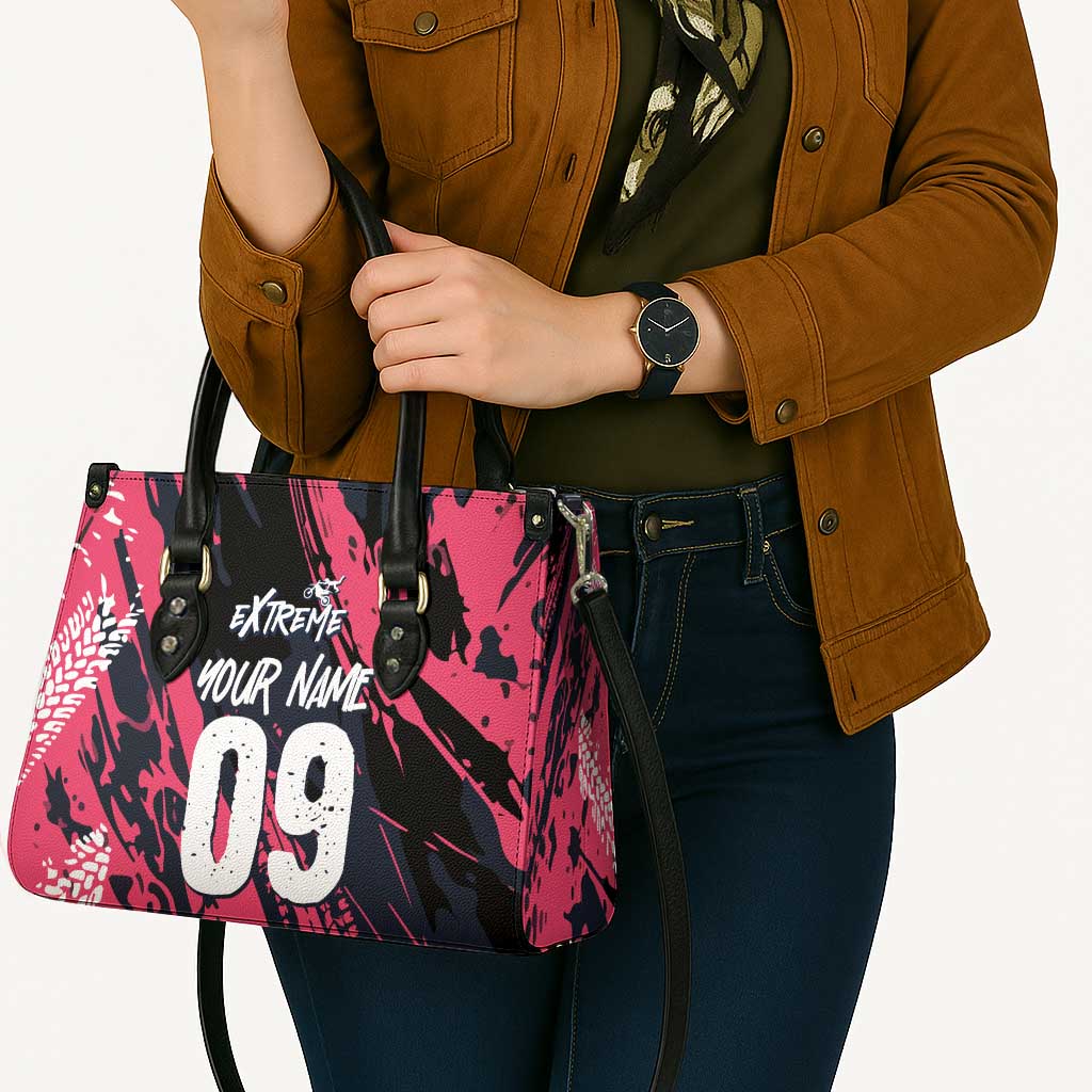 Custom Extreme Motocross Pink Leather Bag with Bold Tire Track Graphics - Wonder Print Shop