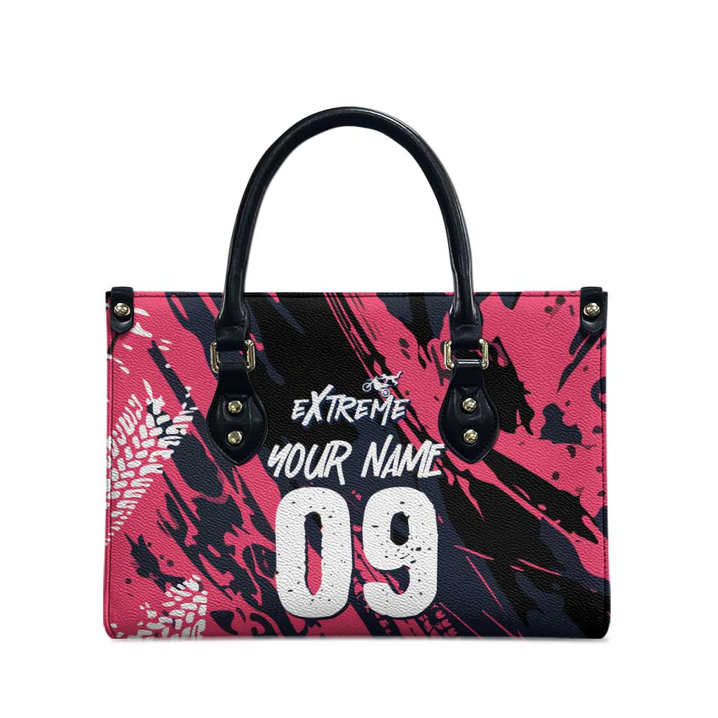Custom Extreme Motocross Pink Leather Bag with Bold Tire Track Graphics - Wonder Print Shop