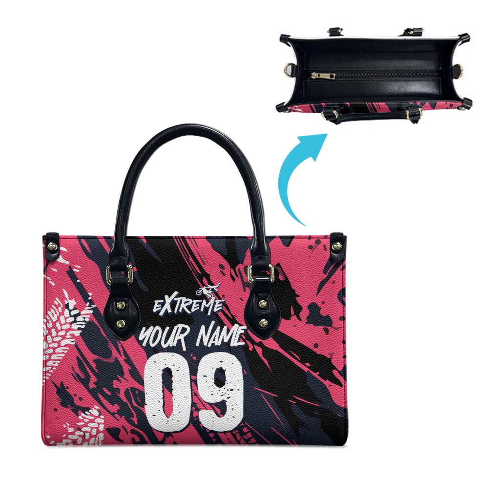 Custom Extreme Motocross Pink Leather Bag with Bold Tire Track Graphics - Wonder Print Shop