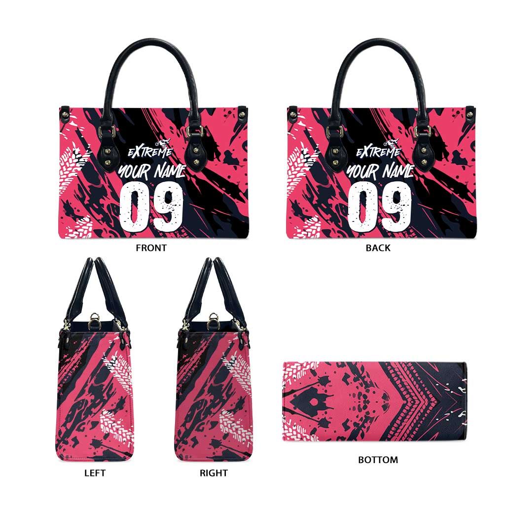 Custom Extreme Motocross Pink Leather Bag with Bold Tire Track Graphics - Wonder Print Shop