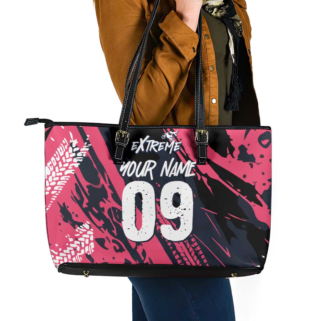 Custom Extreme Motocross Pink Leather Tote Bag with Bold Tire Track Graphics - Wonder Print Shop