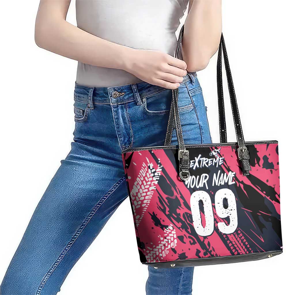 Custom Extreme Motocross Pink Leather Tote Bag with Bold Tire Track Graphics - Wonder Print Shop