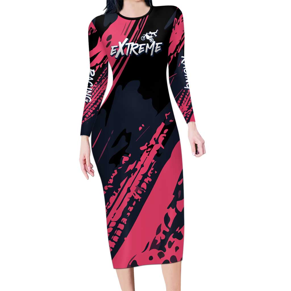 Custom Extreme Motocross Pink Long Sleeve Bodycon Dress with Bold Tire Track Graphics - Wonder Print Shop