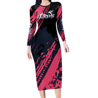 Custom Extreme Motocross Pink Long Sleeve Bodycon Dress with Bold Tire Track Graphics - Wonder Print Shop
