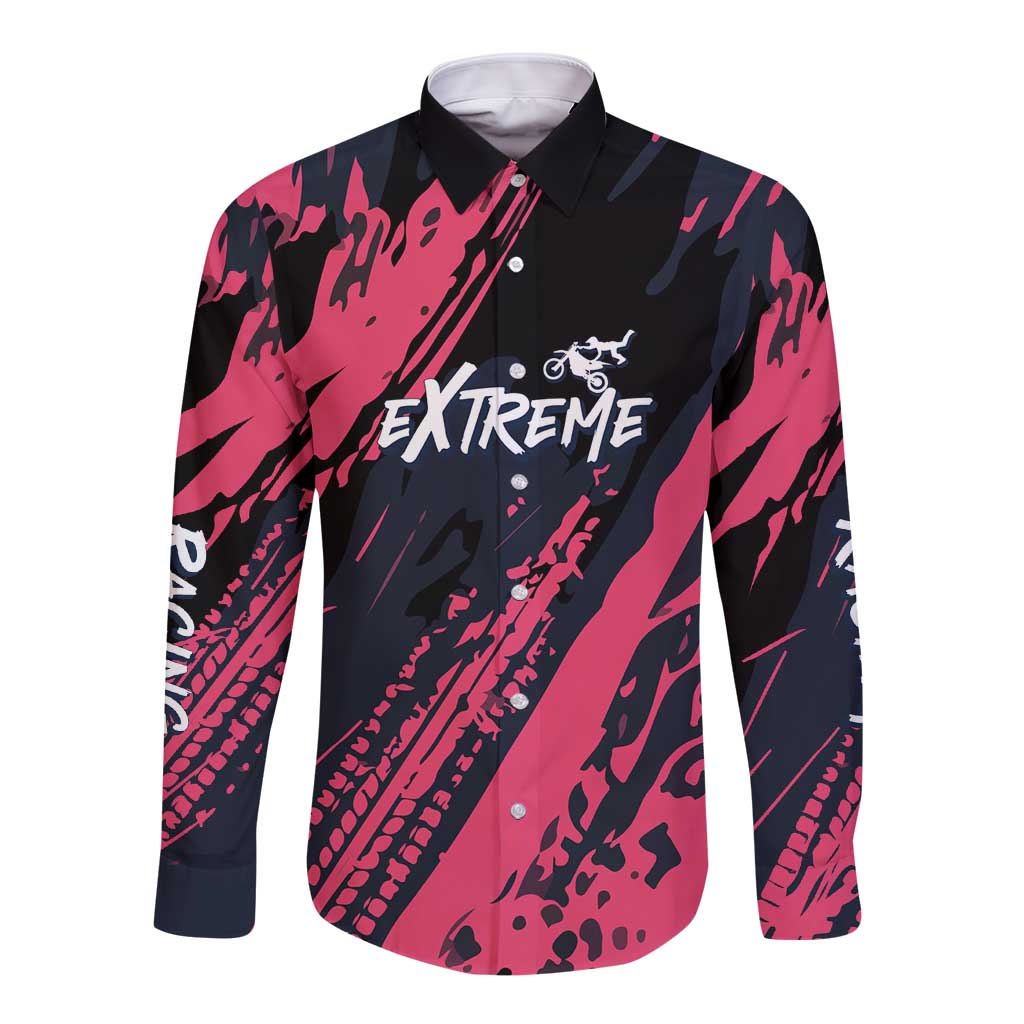 Custom Extreme Motocross Pink Long Sleeve Button Shirt with Bold Tire Track Graphics - Wonder Print Shop