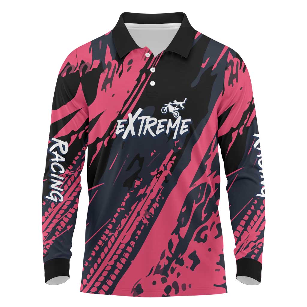 Custom Extreme Motocross Pink Long Sleeve Polo Shirt with Bold Tire Track Graphics - Wonder Print Shop