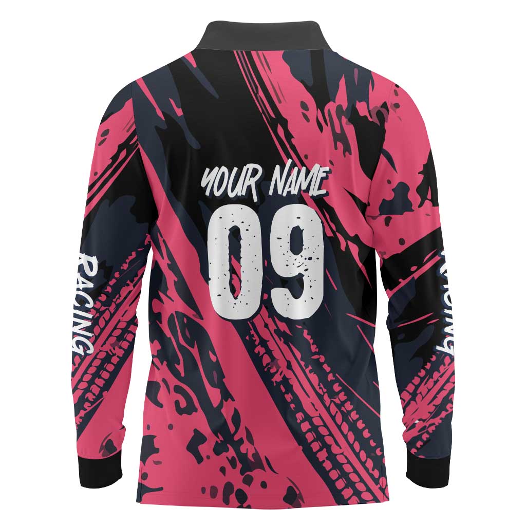 Custom Extreme Motocross Pink Long Sleeve Polo Shirt with Bold Tire Track Graphics - Wonder Print Shop