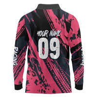 Custom Extreme Motocross Pink Long Sleeve Polo Shirt with Bold Tire Track Graphics - Wonder Print Shop
