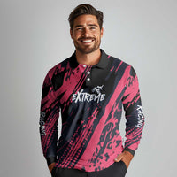 Custom Extreme Motocross Pink Long Sleeve Polo Shirt with Bold Tire Track Graphics - Wonder Print Shop