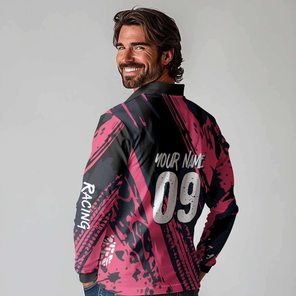 Custom Extreme Motocross Pink Long Sleeve Polo Shirt with Bold Tire Track Graphics - Wonder Print Shop