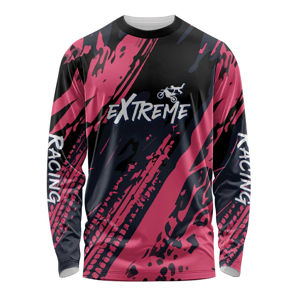 Custom Extreme Motocross Pink Long Sleeve Shirt with Bold Tire Track Graphics - Wonder Print Shop