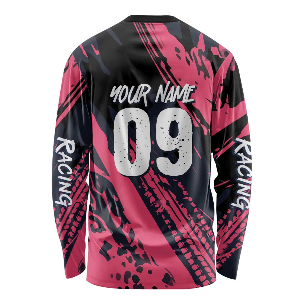 Custom Extreme Motocross Pink Long Sleeve Shirt with Bold Tire Track Graphics - Wonder Print Shop