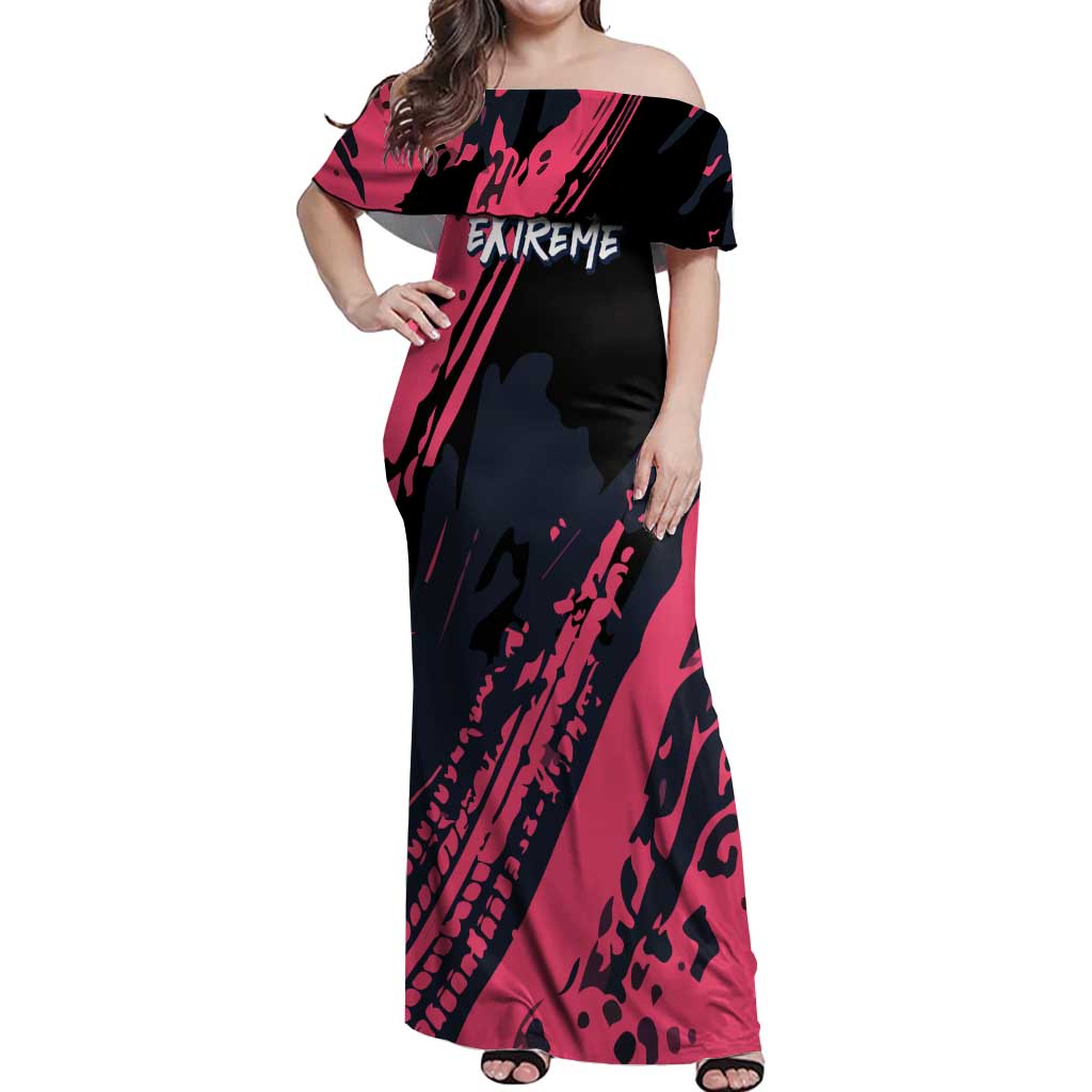 Custom Extreme Motocross Pink Off Shoulder Maxi Dress with Bold Tire Track Graphics - Wonder Print Shop