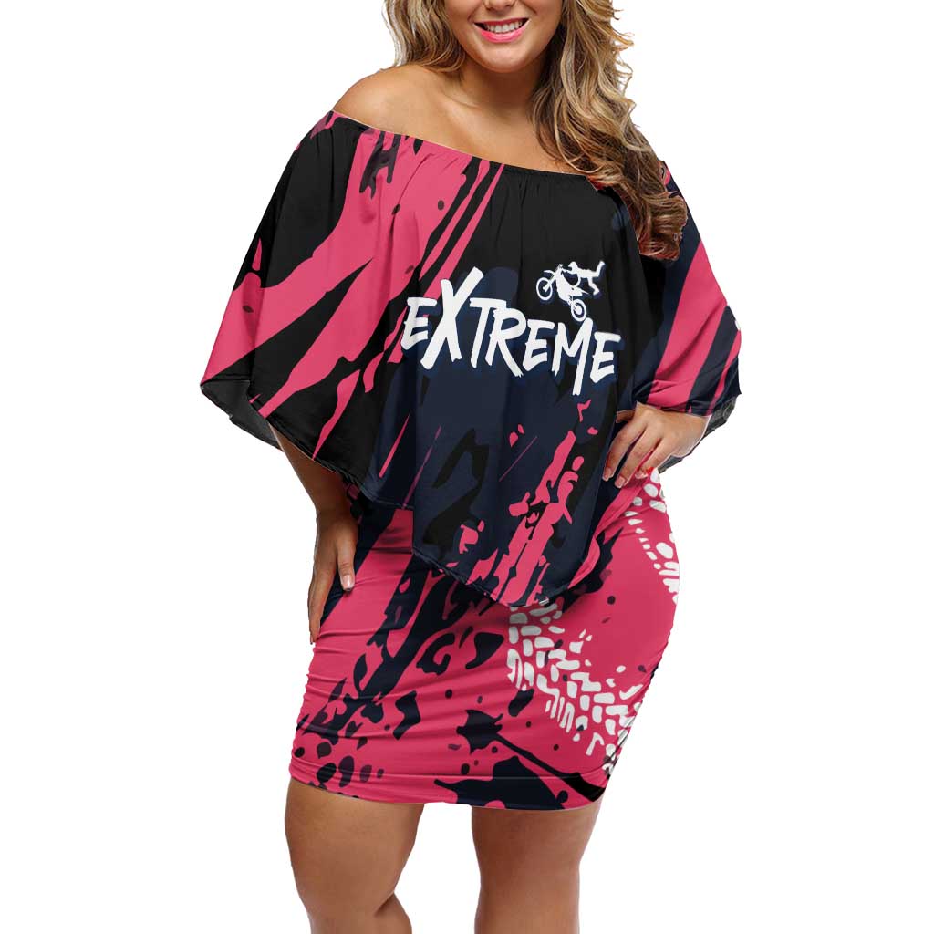 Custom Extreme Motocross Pink Off Shoulder Short Dress with Bold Tire Track Graphics - Wonder Print Shop