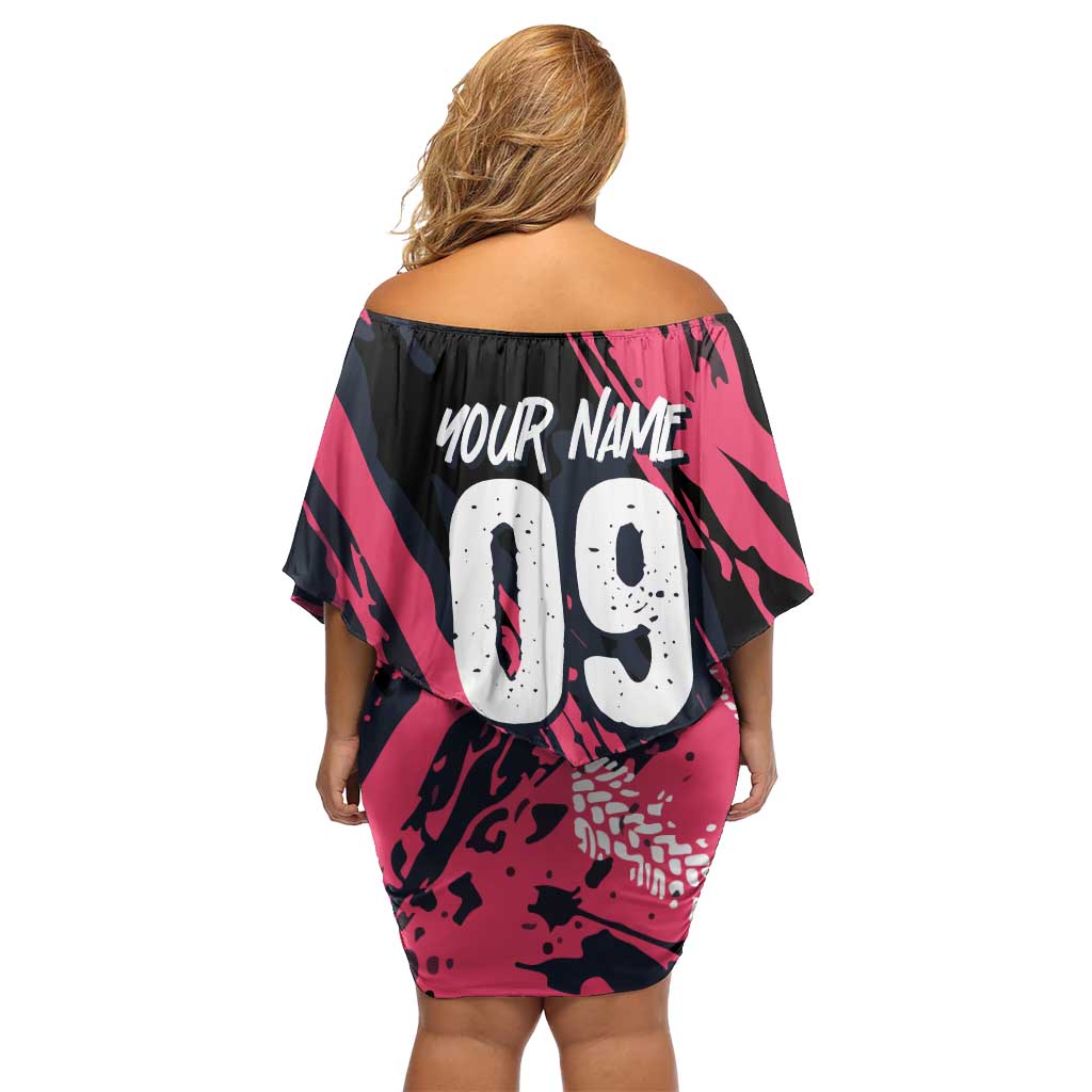 Custom Extreme Motocross Pink Off Shoulder Short Dress with Bold Tire Track Graphics - Wonder Print Shop