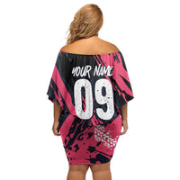 Custom Extreme Motocross Pink Off Shoulder Short Dress with Bold Tire Track Graphics - Wonder Print Shop