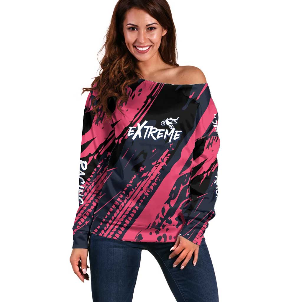 Custom Extreme Motocross Pink Off Shoulder Sweater with Bold Tire Track Graphics - Wonder Print Shop