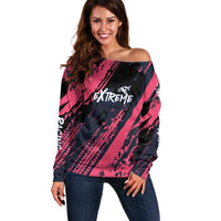 Custom Extreme Motocross Pink Off Shoulder Sweater with Bold Tire Track Graphics - Wonder Print Shop