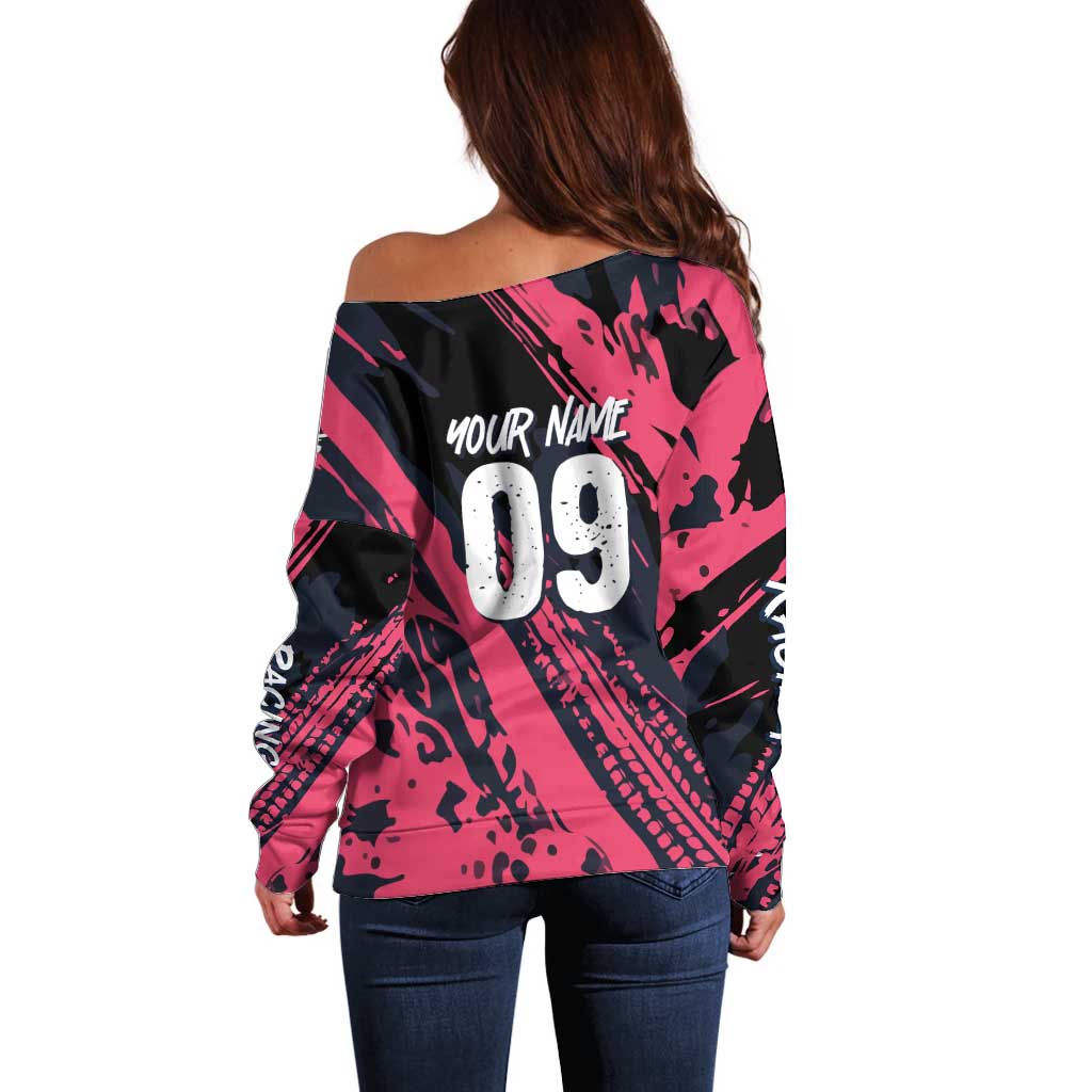 Custom Extreme Motocross Pink Off Shoulder Sweater with Bold Tire Track Graphics - Wonder Print Shop