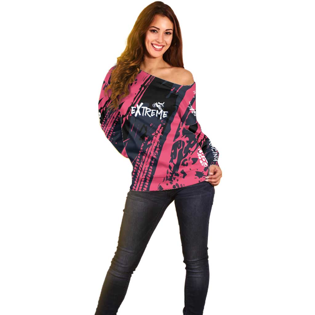 Custom Extreme Motocross Pink Off Shoulder Sweater with Bold Tire Track Graphics - Wonder Print Shop
