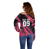 Custom Extreme Motocross Pink Off Shoulder Sweater with Bold Tire Track Graphics - Wonder Print Shop