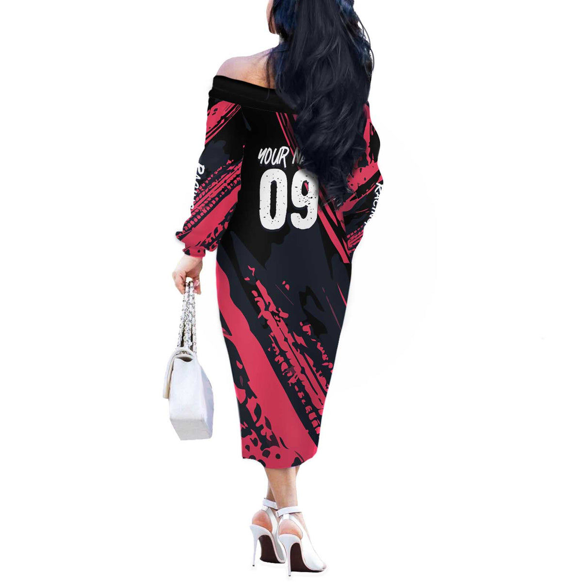 Custom Extreme Motocross Pink Off The Shoulder Long Sleeve Dress with Bold Tire Track Graphics - Wonder Print Shop