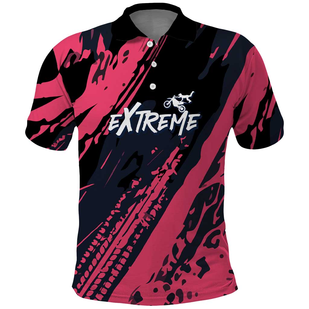Custom Extreme Motocross Pink Polo Shirt with Bold Tire Track Graphics - Wonder Print Shop