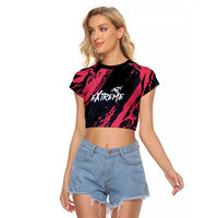 Custom Extreme Motocross Pink Raglan Cropped T Shirt with Bold Tire Track Graphics - Wonder Print Shop