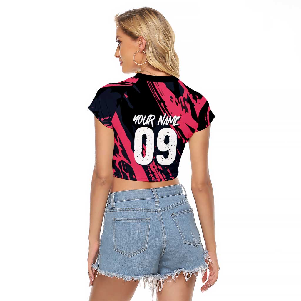 Custom Extreme Motocross Pink Raglan Cropped T Shirt with Bold Tire Track Graphics - Wonder Print Shop