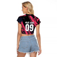 Custom Extreme Motocross Pink Raglan Cropped T Shirt with Bold Tire Track Graphics - Wonder Print Shop