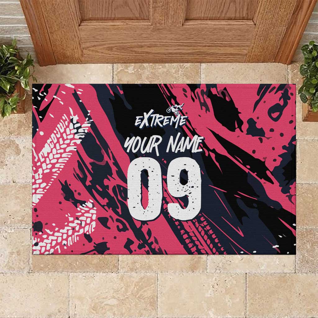 Custom Extreme Motocross Pink Rubber Doormat with Bold Tire Track Graphics - Wonder Print Shop