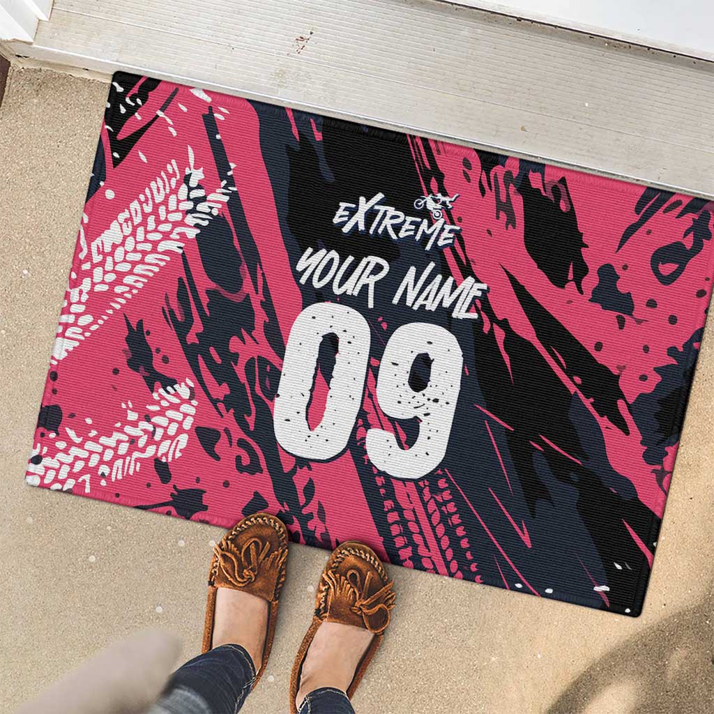 Custom Extreme Motocross Pink Rubber Doormat with Bold Tire Track Graphics - Wonder Print Shop