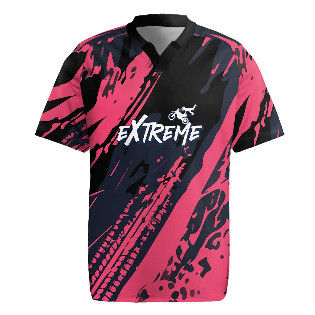 Custom Extreme Motocross Pink Rugby Jersey with Bold Tire Track Graphics - Wonder Print Shop