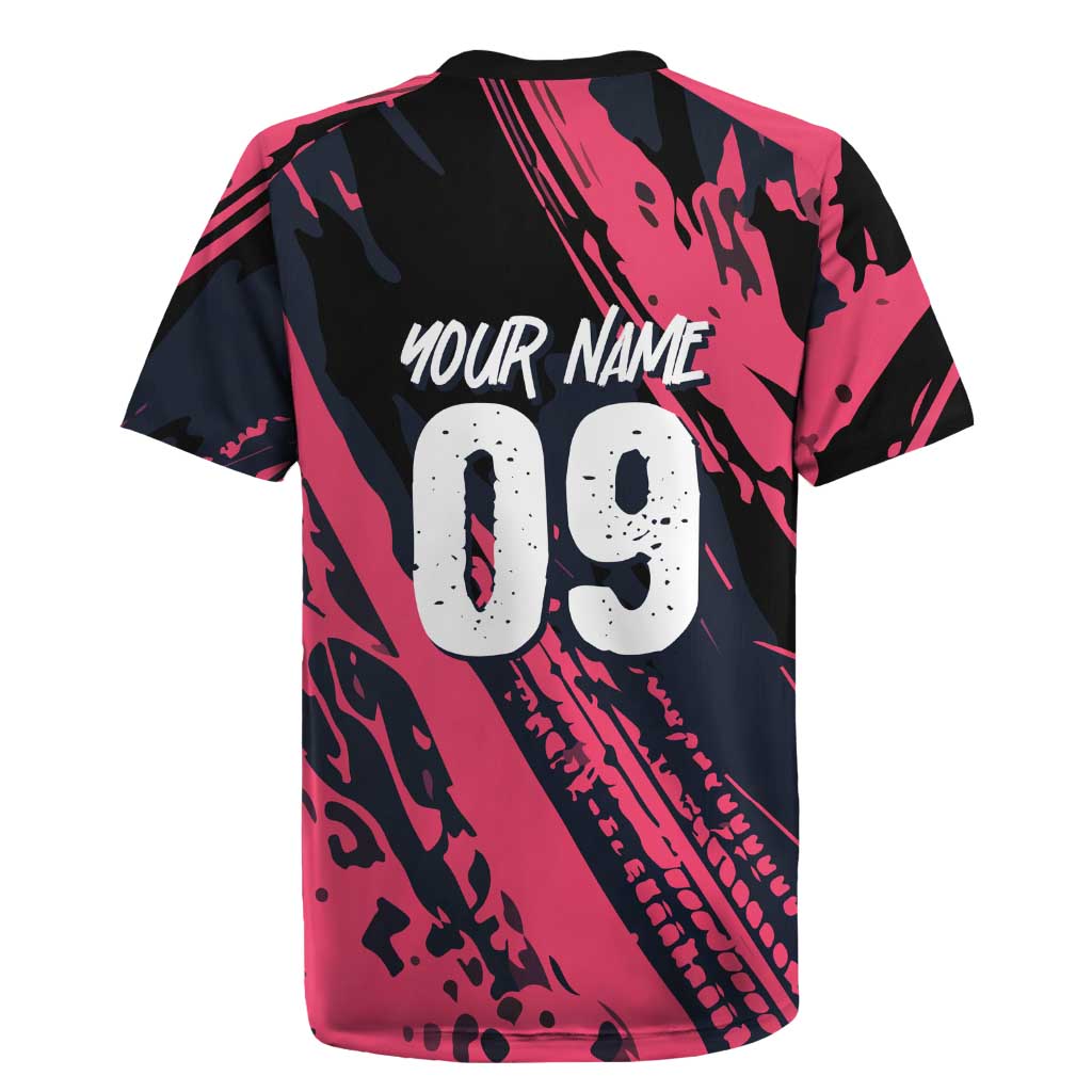Custom Extreme Motocross Pink Rugby Jersey with Bold Tire Track Graphics - Wonder Print Shop
