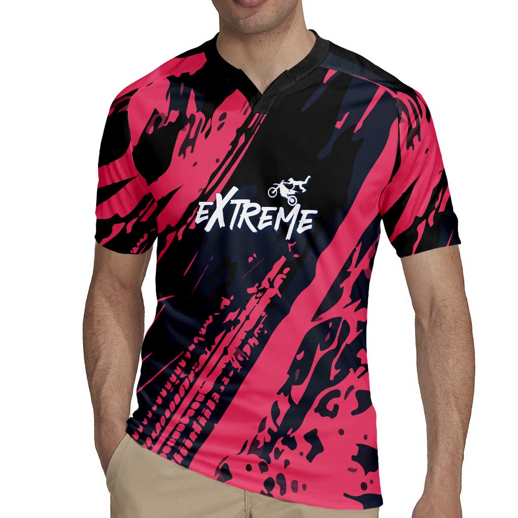Custom Extreme Motocross Pink Rugby Jersey with Bold Tire Track Graphics - Wonder Print Shop