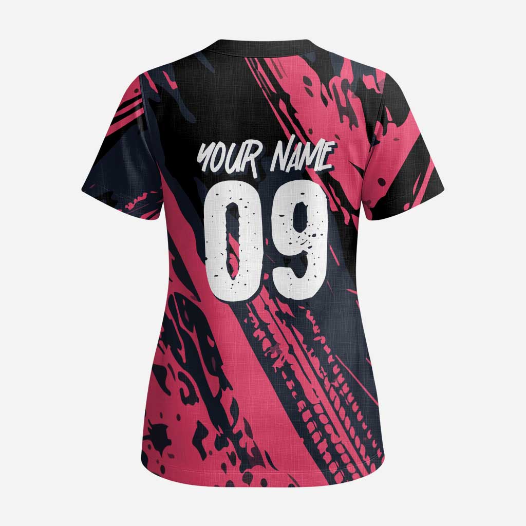Custom Extreme Motocross Pink Scrub Top with Bold Tire Track Graphics - Wonder Print Shop