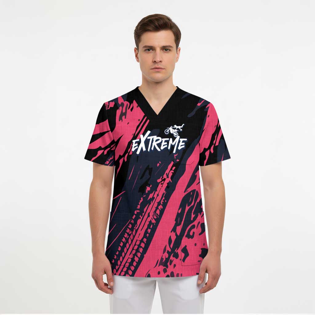 Custom Extreme Motocross Pink Scrub Top with Bold Tire Track Graphics - Wonder Print Shop