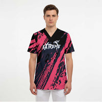 Custom Extreme Motocross Pink Scrub Top with Bold Tire Track Graphics - Wonder Print Shop
