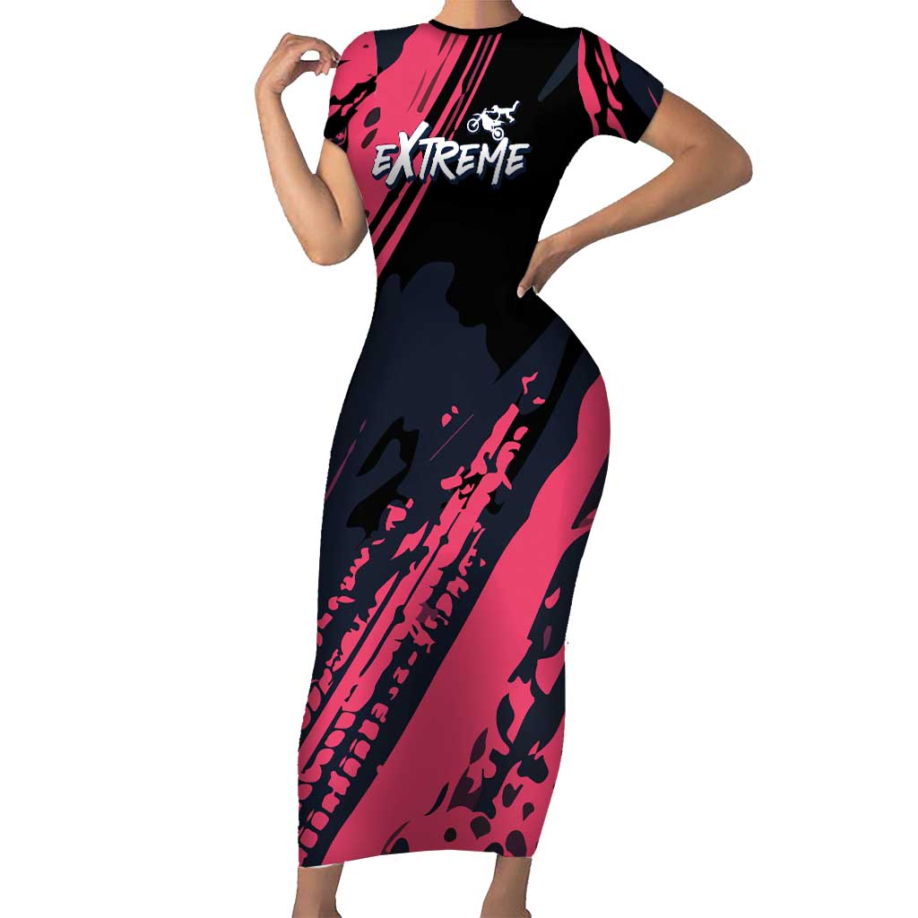 Custom Extreme Motocross Pink Short Sleeve Bodycon Dress with Bold Tire Track Graphics - Wonder Print Shop
