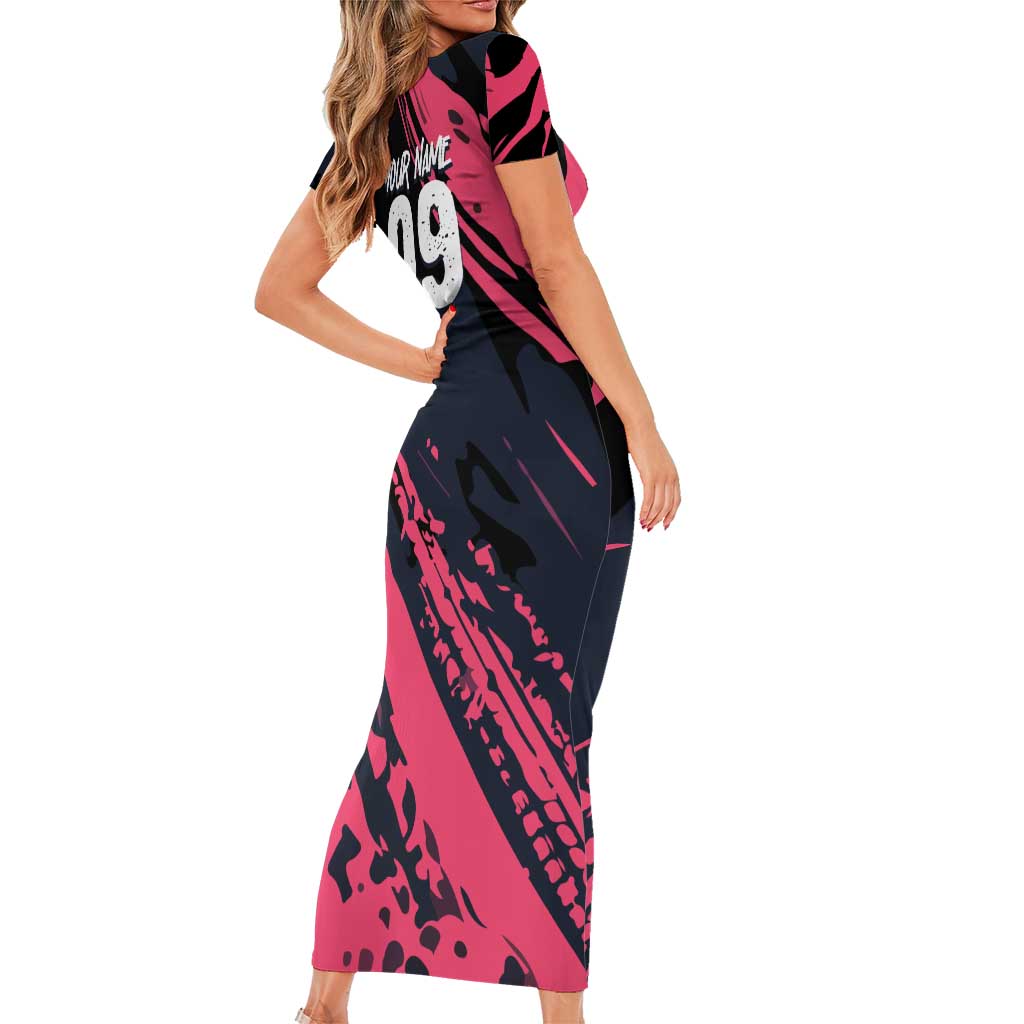 Custom Extreme Motocross Pink Short Sleeve Bodycon Dress with Bold Tire Track Graphics - Wonder Print Shop