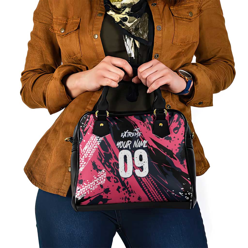 Custom Extreme Motocross Pink Shoulder Handbag with Bold Tire Track Graphics - Wonder Print Shop