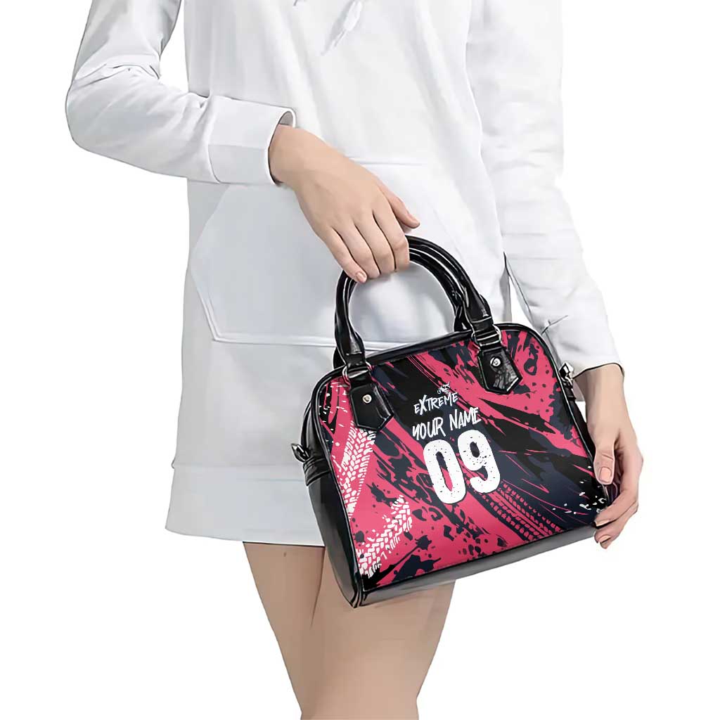 Custom Extreme Motocross Pink Shoulder Handbag with Bold Tire Track Graphics - Wonder Print Shop